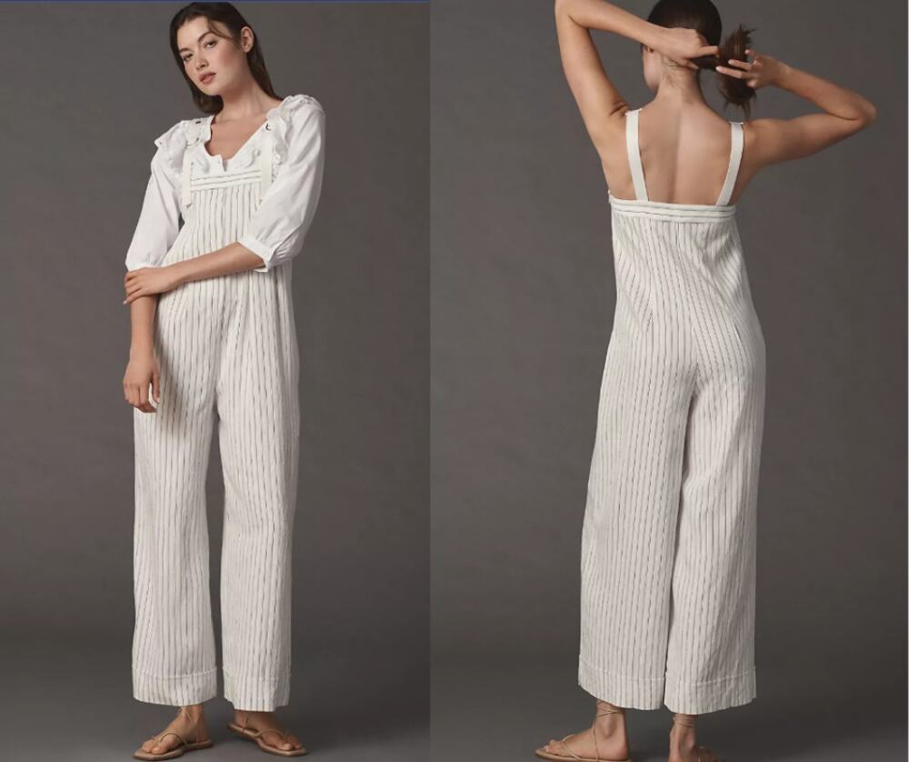 New Maeve Striped Sleeveless White Striped Wide-Leg Jumpsuit - Size 6